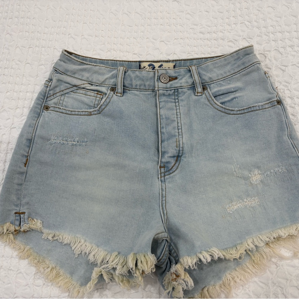 Free People Light Blue Frayed Jean Shorts